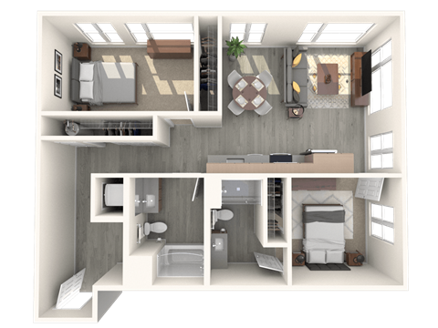 Floor plan for 2 beds, 2 baths, 975 sqft
